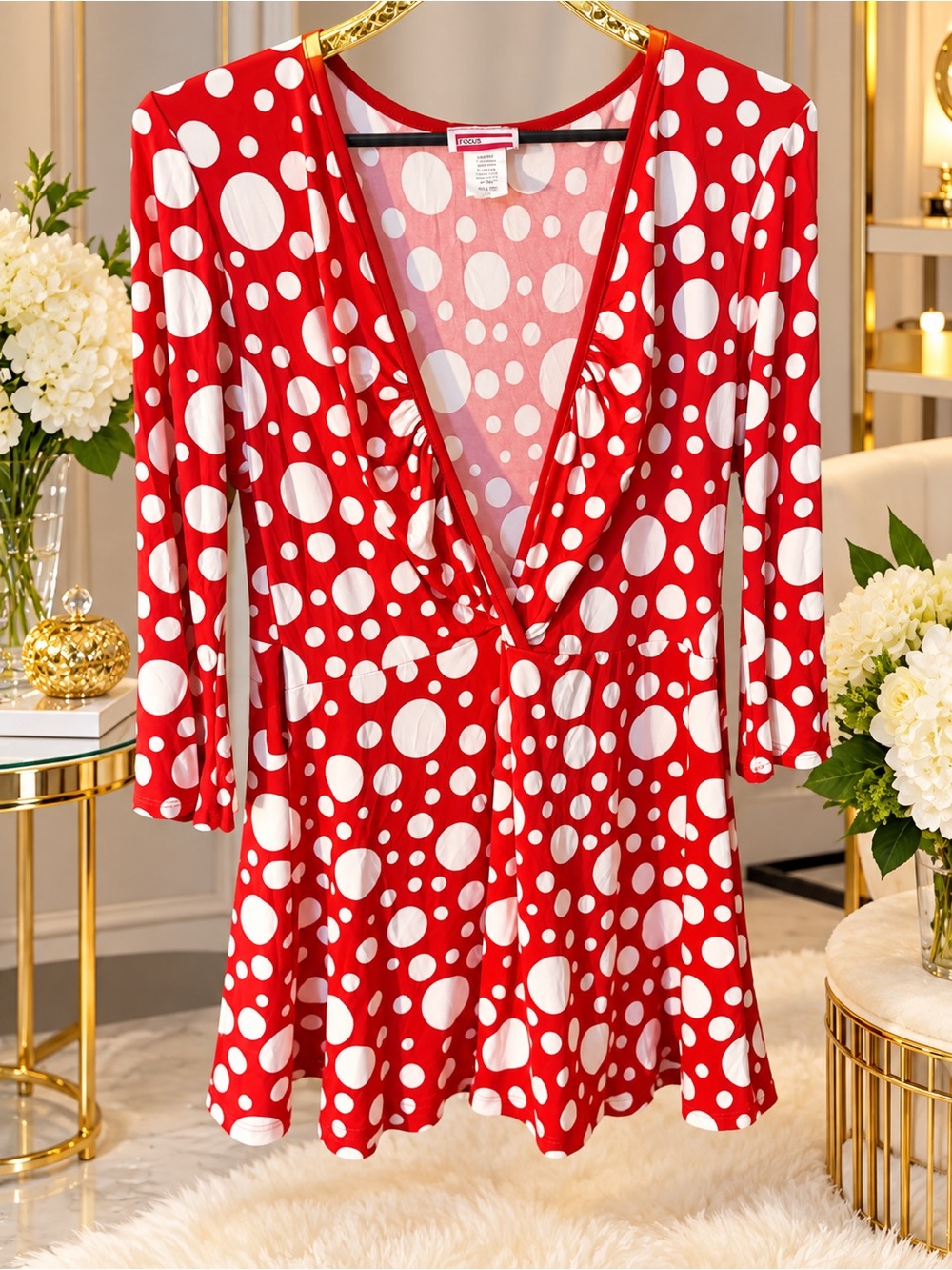 Women's Red Polka Dot V-Neck Chemise by